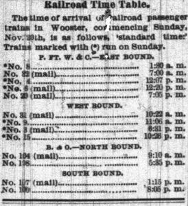 An excerpt from the Wooster Republican that shows what time east bound, west bound, north bound, and south bound trains will arrive. 