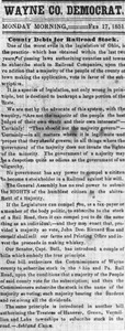 An excerpt from the Wooster Democrat with the headline "County Debts for Railroad Stock"