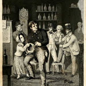 An illustration that shows a man being driven away from a bar as a little girl tries to pull him away. 