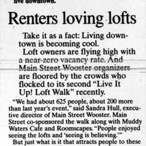 An excerpt of the daily record with the headline "Renters loving lofts" that says "Take it as a fact: Living downtown is becoming col. Loft owners are flying high with a near-zero vacancy rate. And Main Street Wooster organizers are floored by the crowds who flocked to its second 'Live it Up! Loft Walk' recently. 