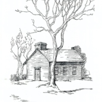 Drawing of a log cabin. 