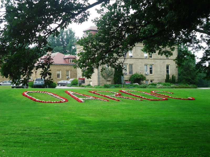 "OARDC" written in flowers on the front lawn of the OARDC campus. 