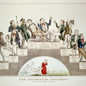 Several men on a bridge that represent the different stages of drunkeness with a woman and a child cry underneath it with the title "The Drunkards Progress". The steps are: a glass with a friend, a glass to keep the cold out, a glass too much, drunk and riotous, the summit attained: jolly companions, a confirmed drunkard, poverty and disease, forsaken by friends, desperation and crime, and death by suicide. 