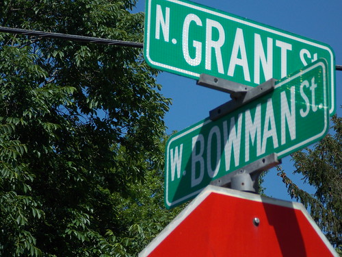 Street signs for Grant and Bowman streets. 