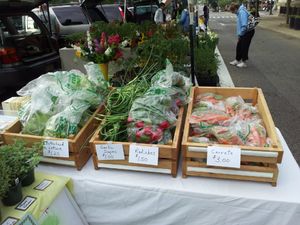 Crates of fruits and vegetables being sold on a table. 