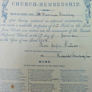 Certificate of membership to othe German reformed church. 