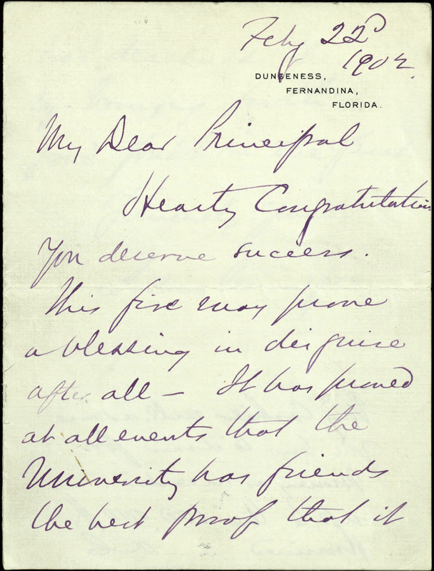 A letter from Andrew Carnegie saying, "My dear Principal, You deserve success. This five .... 