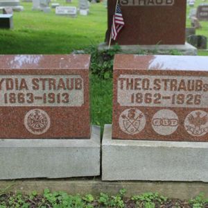 Two headstones with various symbols from secret societies on them. 