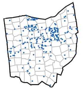 A map of Ohio showing areas of organic production, where one dot equals 250 acres. The dots are heaviest in Northern Ohio. 