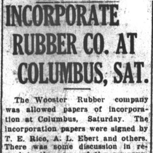 An excerpt from the Wooster Daily Record with the headline, "Incorporate Rubber Co. at Columbus, Sat." 