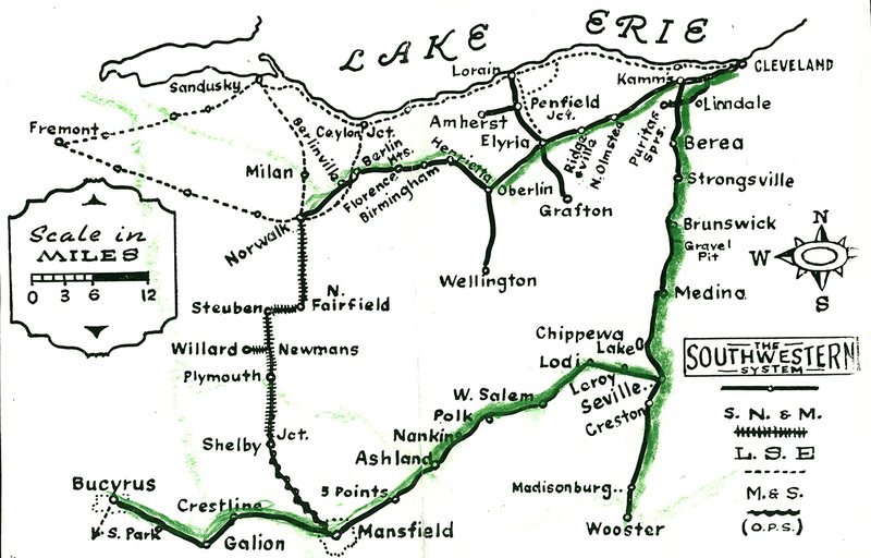 A map showing the interurban routes, with different markings and colors to signify the different routes. 