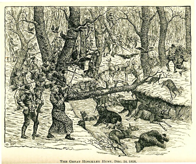 Engraving of men hunting wild animals and birds in the woods. 