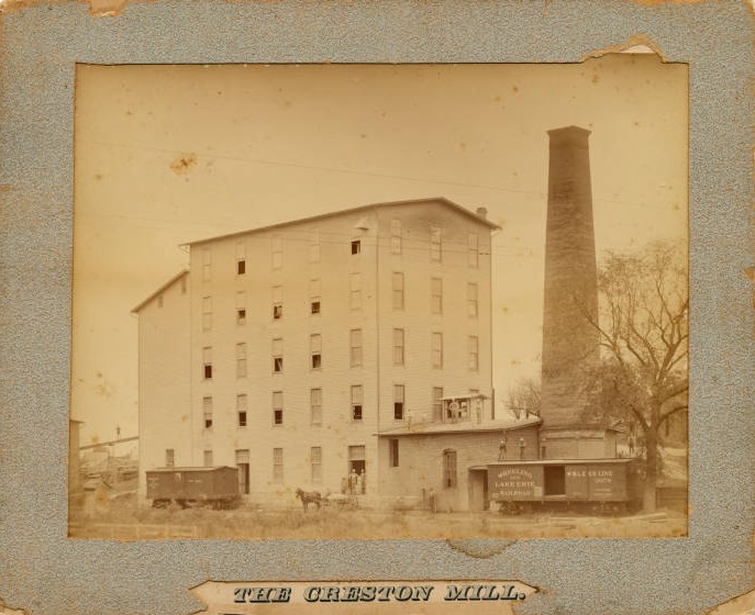 Frontal view of the Creston Mill, circa 1882. Photograph includes the caption "The Creston Mill" 