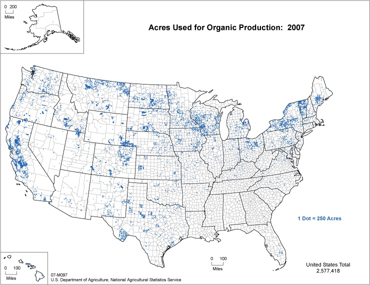 A map showing acres used for organic production in the United States, where each dot on the map represents 250 acres. The dots are heaviest in New York, California, Vermont, and Wisconsin. 