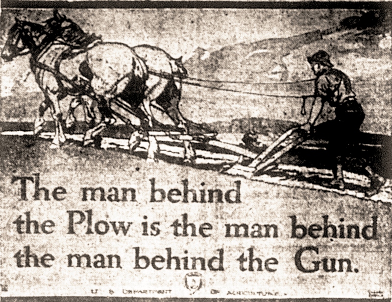 A cartoon that shows a man and two horses pulling a plow that says "The man behind the plow is the man behind the man behind the gun". 