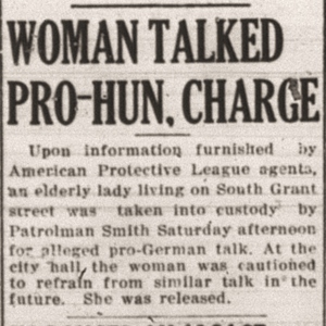Excerpt from a newspaper with the headline "Woman talked pro-hun, charge" 