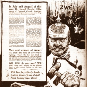 An advertisement for Liberty bonds that features an image of a scowling Keiser Willhelm II that says "Will you buy Liberty Bonds to keep those fiends of hell from coming over here?" 