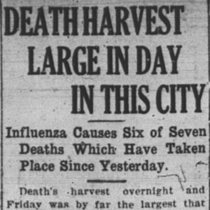 Excerpt from the Wooster Republican with the headline "Death Harvest Large in Day in this City" 