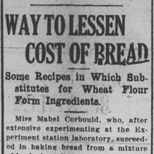 Excerpt from the Wooster Daily Republican that says "Way to lesson cost of bread: Some recipes in which substitutes for wheat flour form ingredients." 