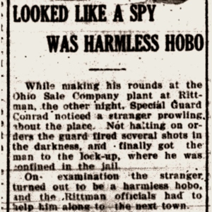 An excerpt from a newspaper with the headline "Looked like a spy, was harmless hobo" 