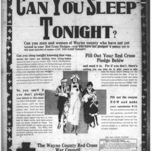 Advertisement that says "Can you Sleep Tonight?" featuring a picture of a wounded solider, a nurse, and a mother in front of the red cross symbol. 
