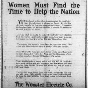 Advertisement that says "Women must find the time to help the nation" from Wooster electric company. 
