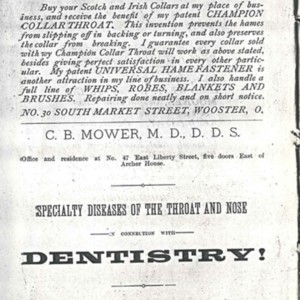 An advertisement that says, "C. B. Mover, M. D., D. D. S. Specialty diseases of the throat and nose, a concentration with Dentistry!" 