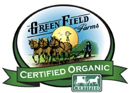 A seal that says "green field farms certified organic" with an image of a team of horses pulling a plow 